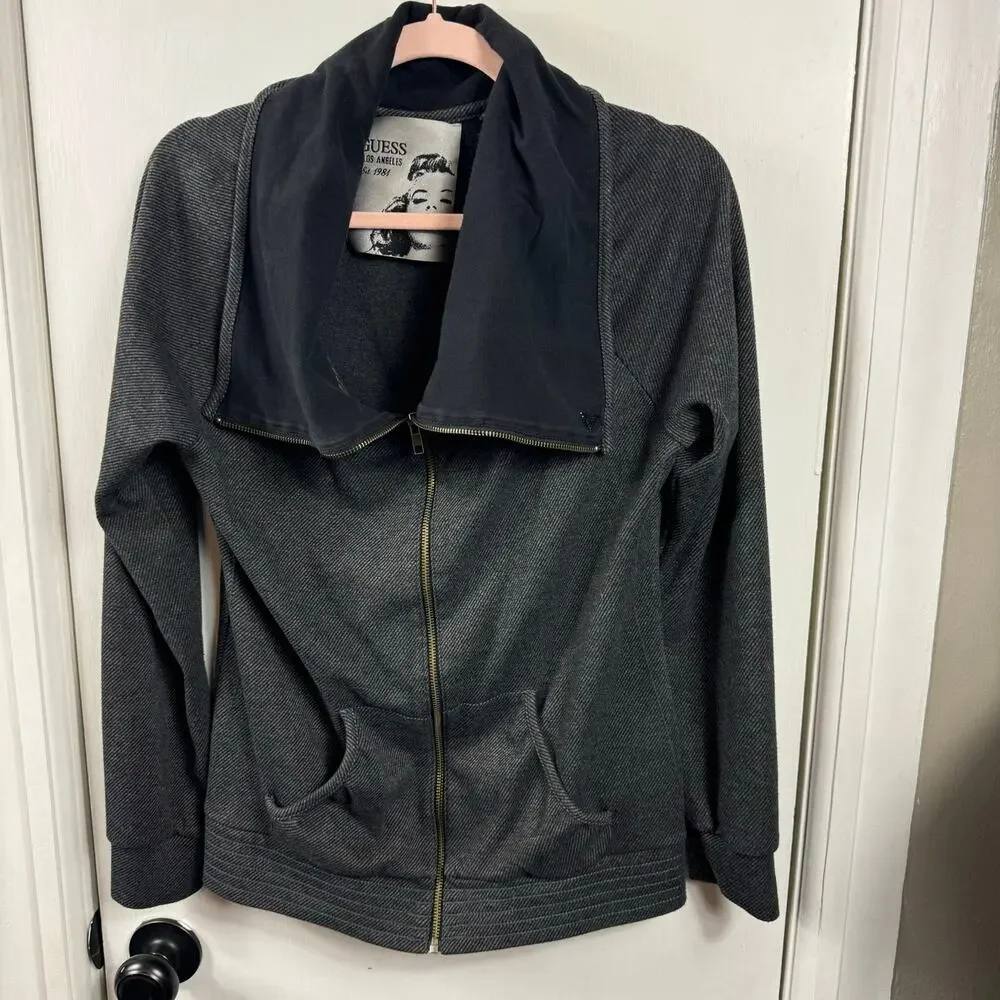 Guess Funnel Cowl Neck Shawl Collar Zip-Up Sweatshirt Sweater Jacket, Size Large